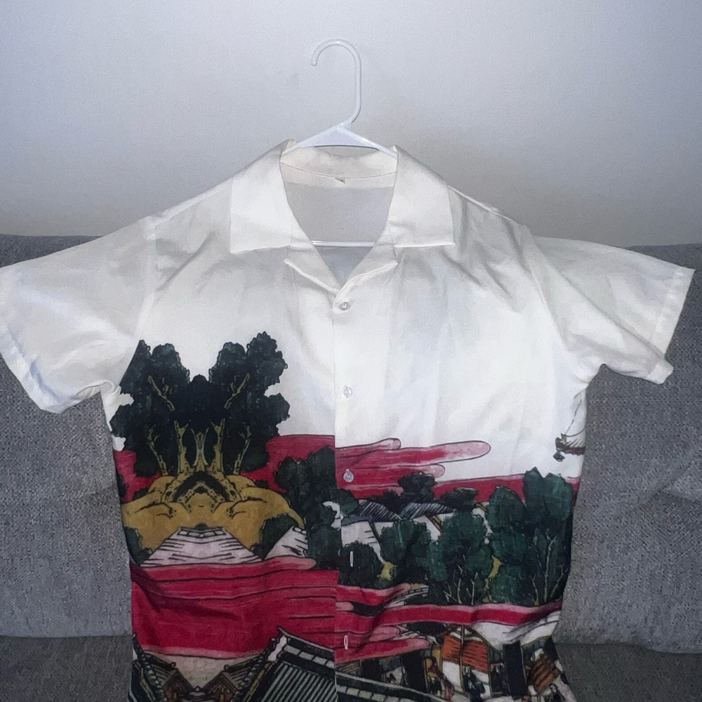 SHEIN White Casual Button Down Shirt with Scenic Print